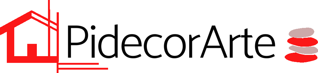 Logotipo de pidecorarte con letras rojas y un dibujo de una casa en color rojo